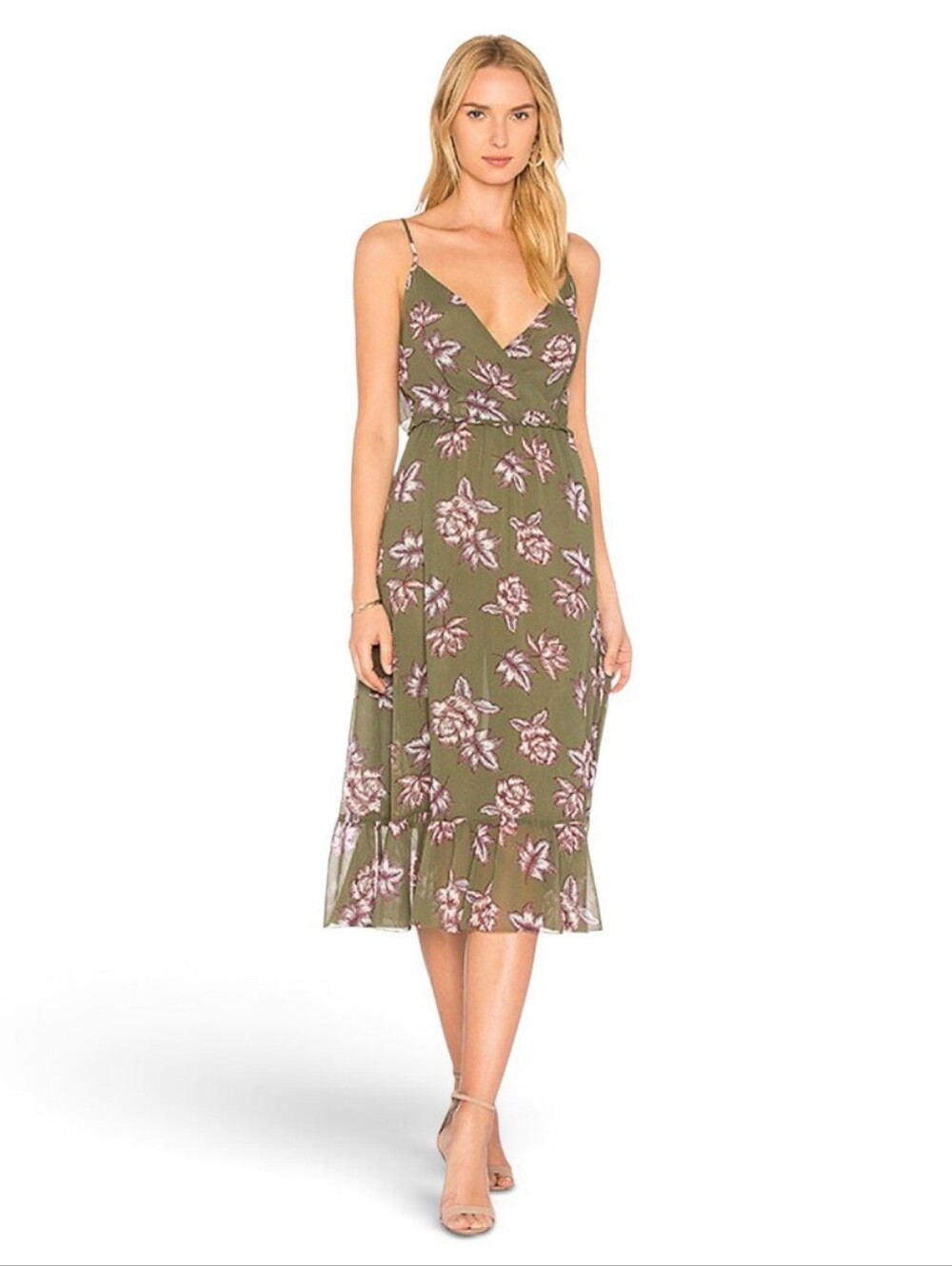 Avec Les Filles XS Khaki Green Floral Surplice Ruffle Midi Dress